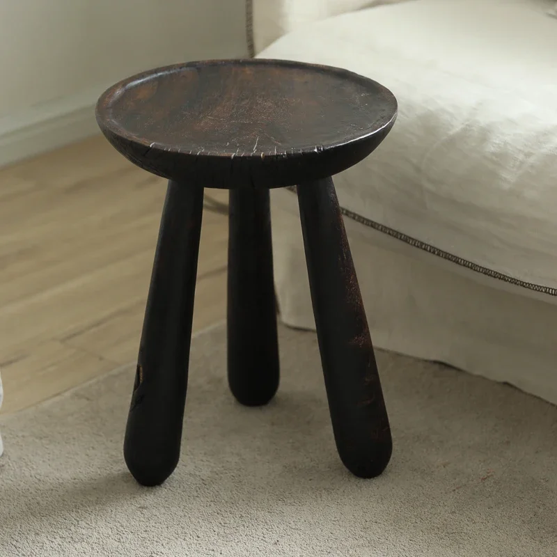 Round wooden stool coffee table side few potted stools wabi sandy wind retro decoration homestay hotel decoration home
