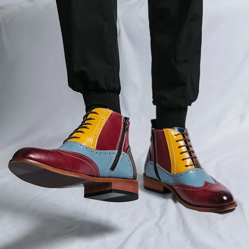 Colorful Men Boots with High Top Lace Up and Side Zipper PU Stitching Fashionable Carved Men Boots Business Banquet Men Boots