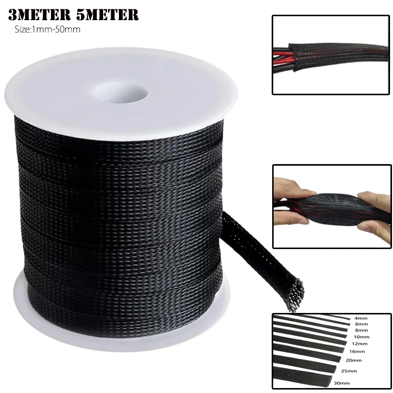 3/5M Black Insulated Braid Sleeving 1/2/4/6/8/10/12/16/18/20/25/35/50mm Tight PET Wire Cable Gland Protection Cable Sleeve