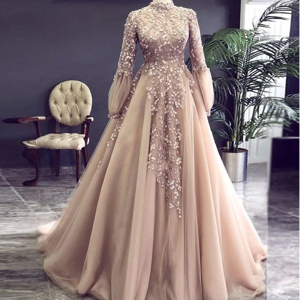 Gaun pengantin Muslim Arab sampanye gaun pengantin manik-manik bunga applique lengan panjang gaun pengantin Tulle A Line Vestido De Novia