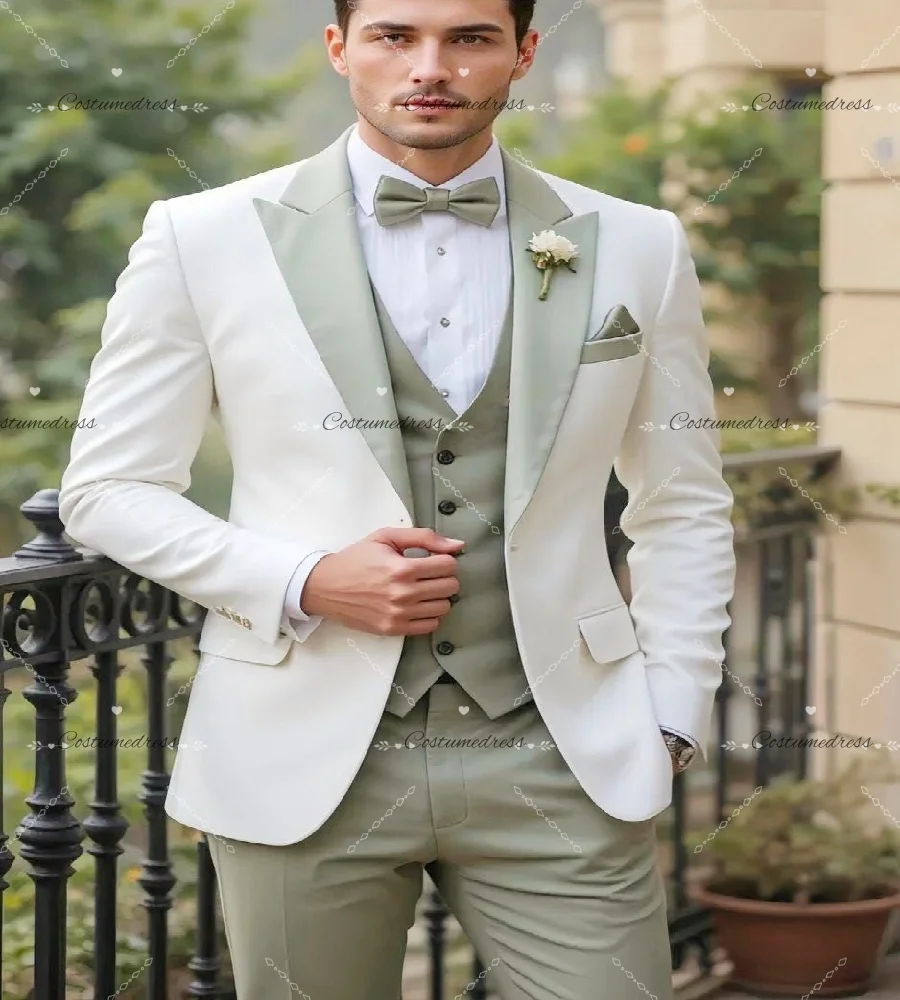 

Slim White And Green Groom Suit 2026 Satin Three Pieces Jacket Vest And Pant Wedding Tuxedo Bespoke Blazer Beach Wedding Groom