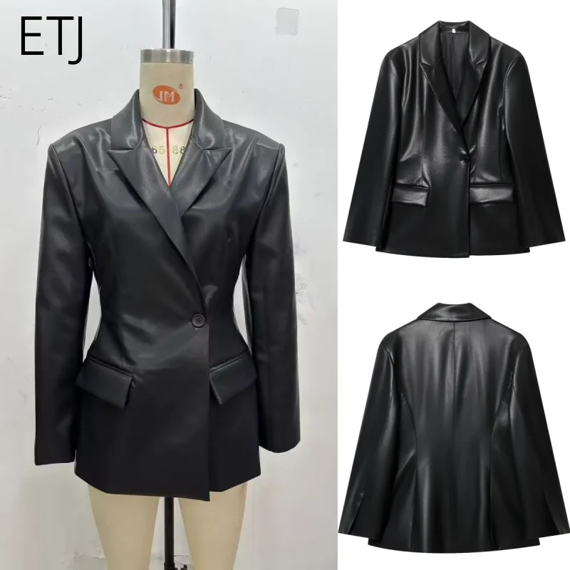 

ETJ 2025 fashion women's new products slim leather texture imitation leather long-sleeved V-neck suit Y2K casual cool coat