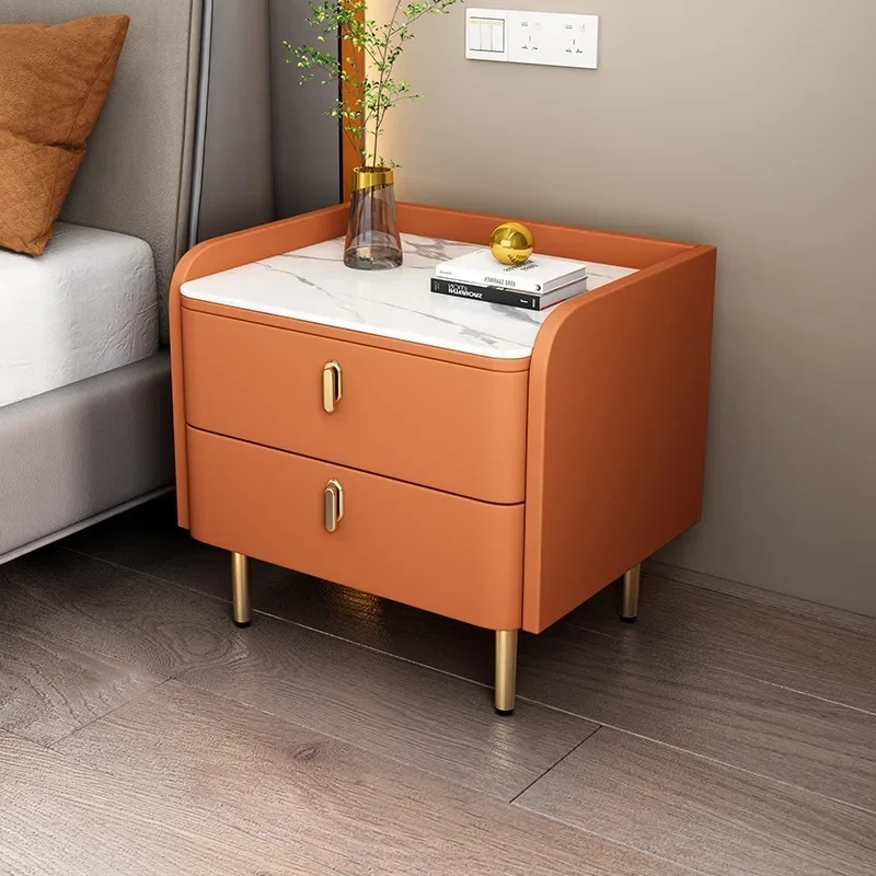 Modern Style 2 Drawers Solid Wood Bedside Table with Sintered Stone Top Bedroom Faux Leather Nightstands Home End Table