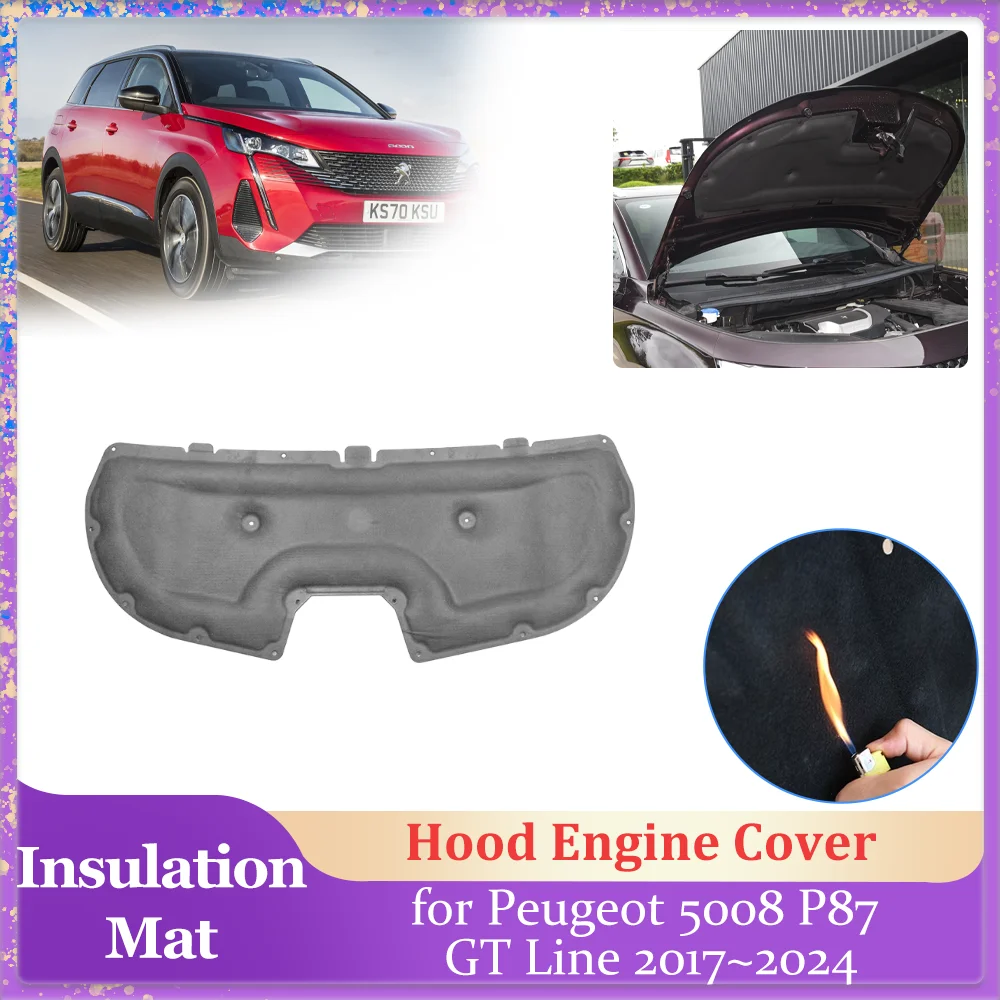Car Hood Insulation Pad for Peugeot 5008 P87 GT Line 2017~2024 Engine Cover Liner Cotton Soundproof Heat Part Mat Accessories