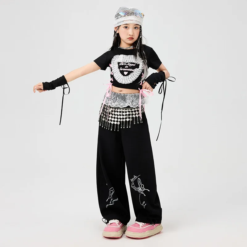 Kid Kpop Hip Hop Clothing Black Lace up Heart Crop T Shirt Top Casual Butterfly Sweat Pants for Girl Jazz Dance Costume Clothes