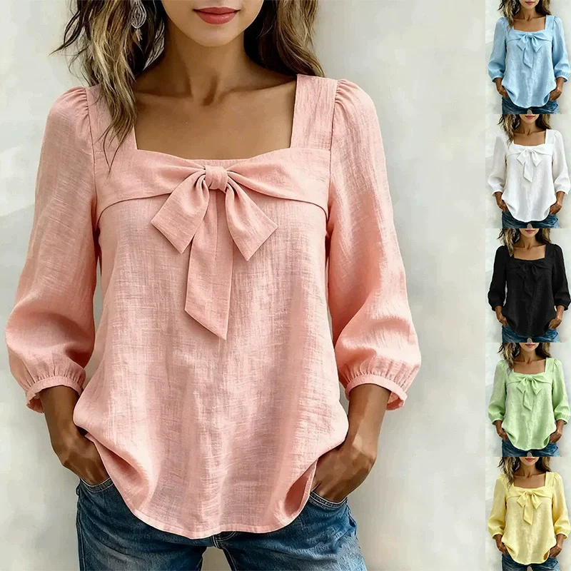 Women's Square Neck Long Sleeve Shirts Sweet Bow Fashion Solid Color Loose Blouses Elegant Autumn Tops Women's Daily Casual Wear