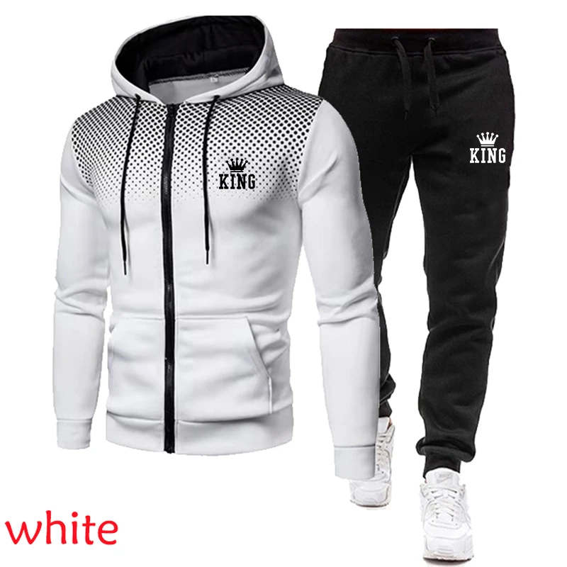 Fashionable men's king print hooded sweatshirt pants two-piece suit pullover sweatshirt casual jogging suit logo warm sports sui