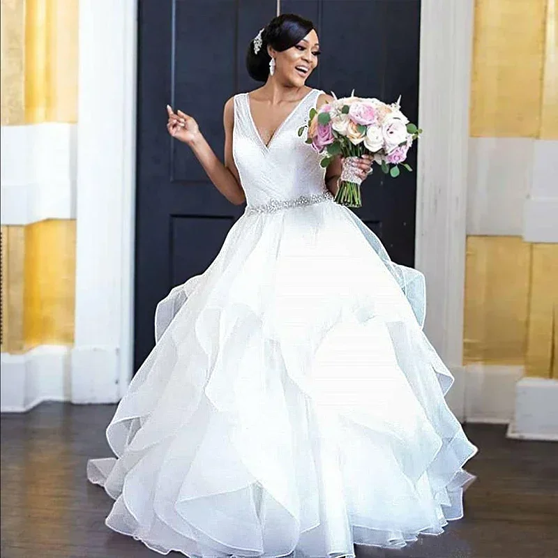 Customized Vestido De Noiva Graceful Tiered Dresses Belt V Neck Floor Length Bride Wedding Gowns Plus Size
