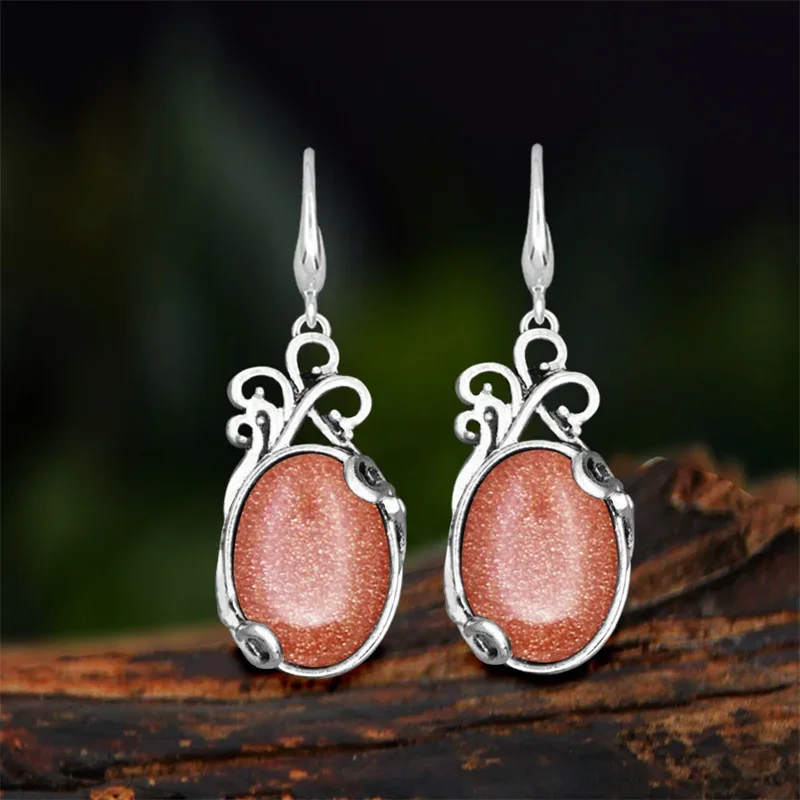 Vintage Natural Jades Dangle Earrings For Women Antique Silver Plated Pink Quartz Natural Stone Fashion Earring Jewelry