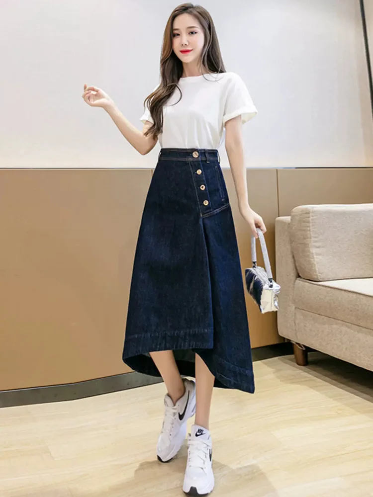 New Women Spring Summer Asymmetric Denim Skirt Fashion Single Breasted High Waist Split Long Skirt Casual Loose A-Line Skirt