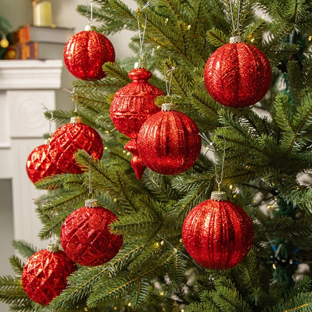 Red Glitter Ornament Collection 9-Pack Shatterproof Plastic Balls for Holiday Tree and Interior For Festive Setup