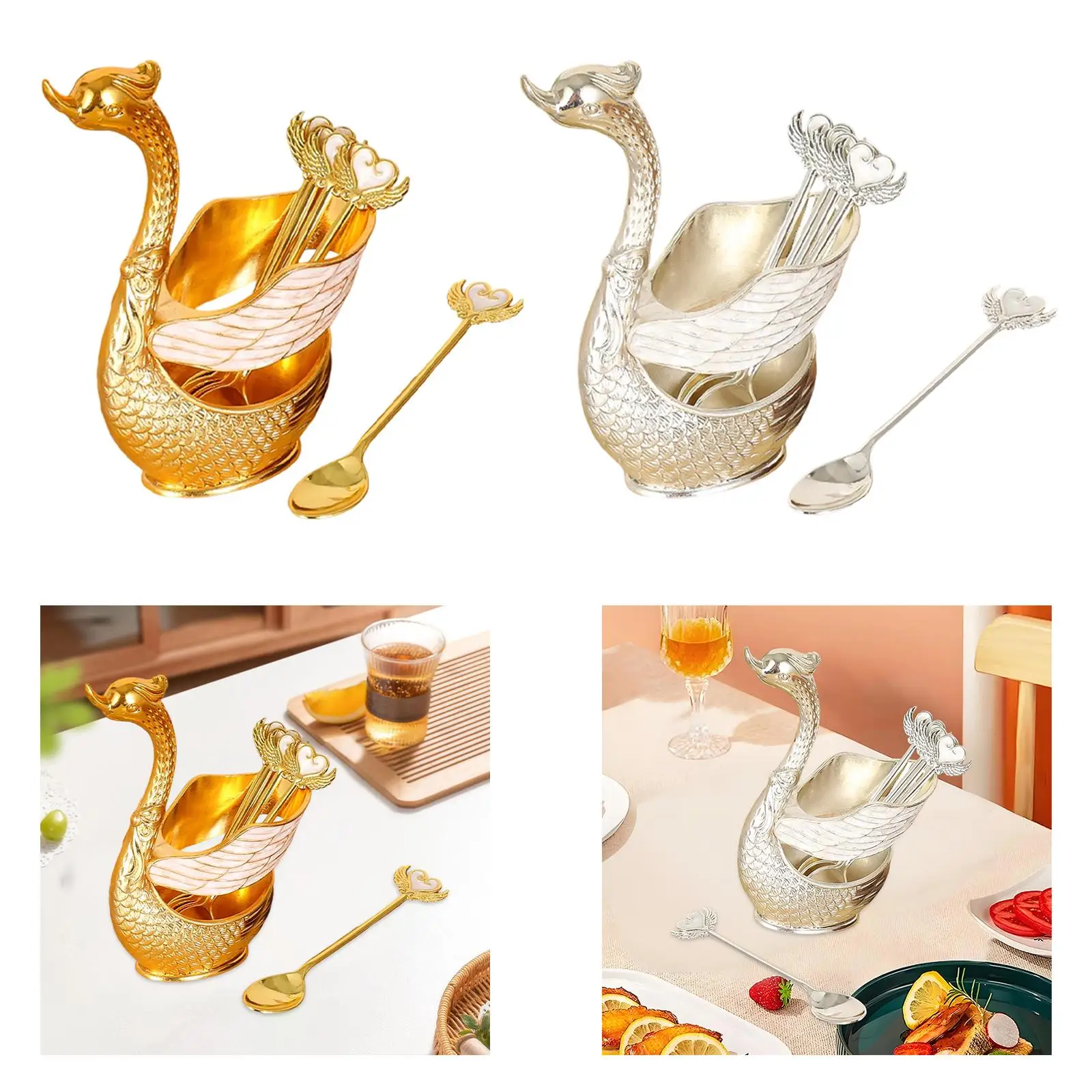 

Dessert Cutlery Set 6 Spoons Organizer Container Display Decorative Swan Fruit