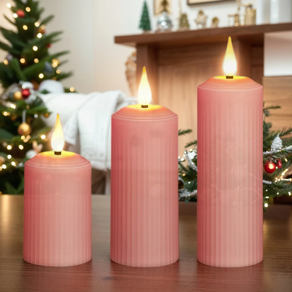 3Pcs LED Candles Timer USB Rechargeable Flickering Electric Pillar Candles with USB Cable Indoor Outdoor Electronic Pink Candles