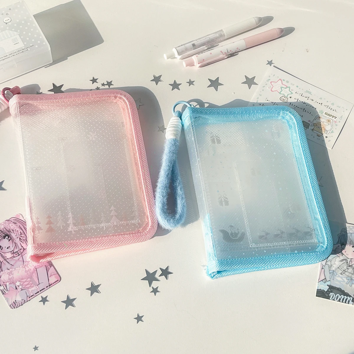 A6/A5 Twill Texture Storage Case Polka Dot Clear Planner Zipper Closure for Organizing Badges Collectible Cards Stickers