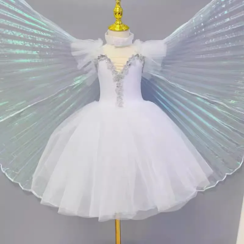 

Балетное платье, длинное романтическое белое балетное платье-пачка, профессиональное балетное платье «Лебединое озеро», детский балетный костюм феи для девочек