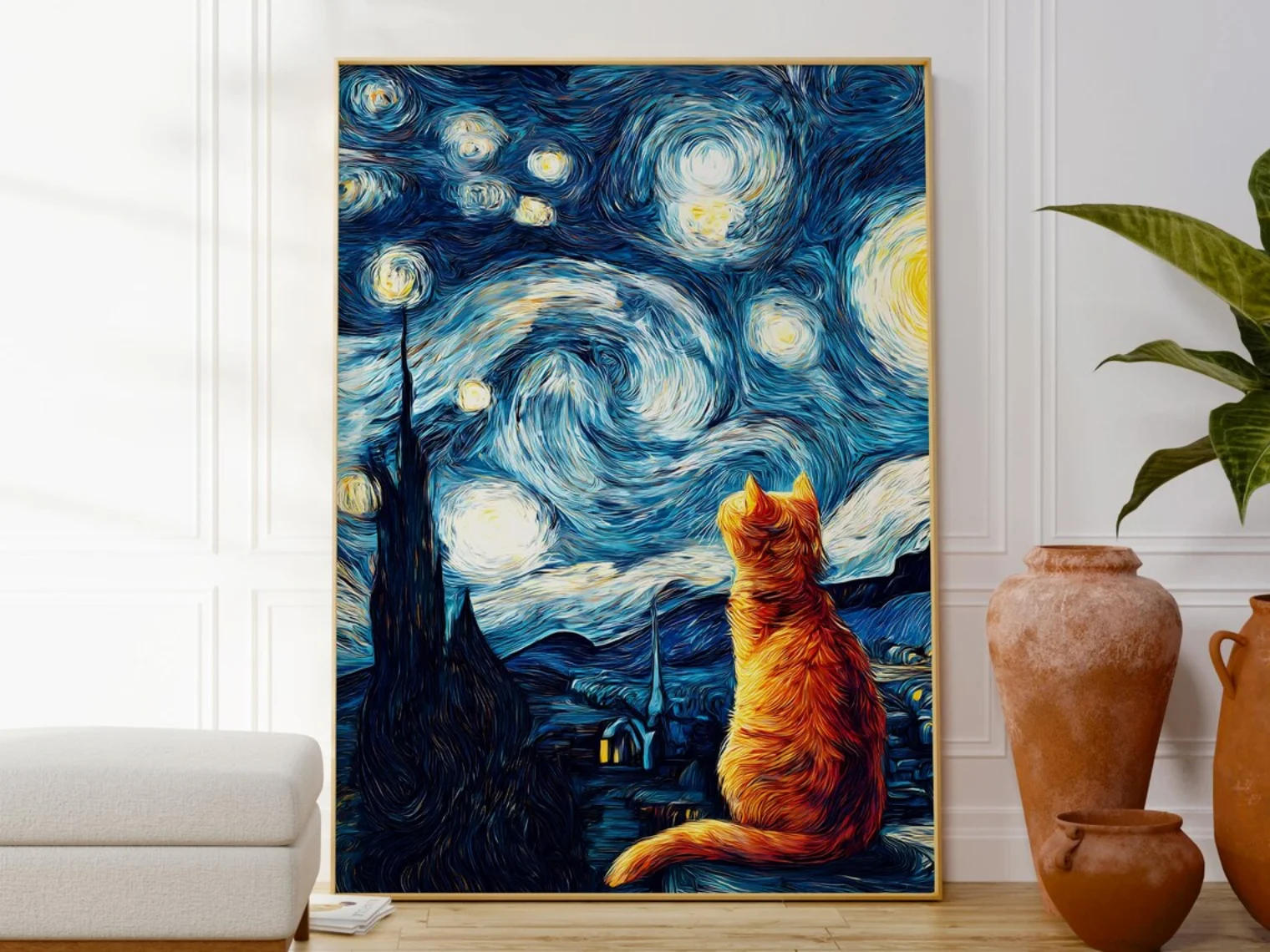 Starry Night Ginger Cat Print, Funny Van Gogh Parody Art Poster, Cat Lovers Gift