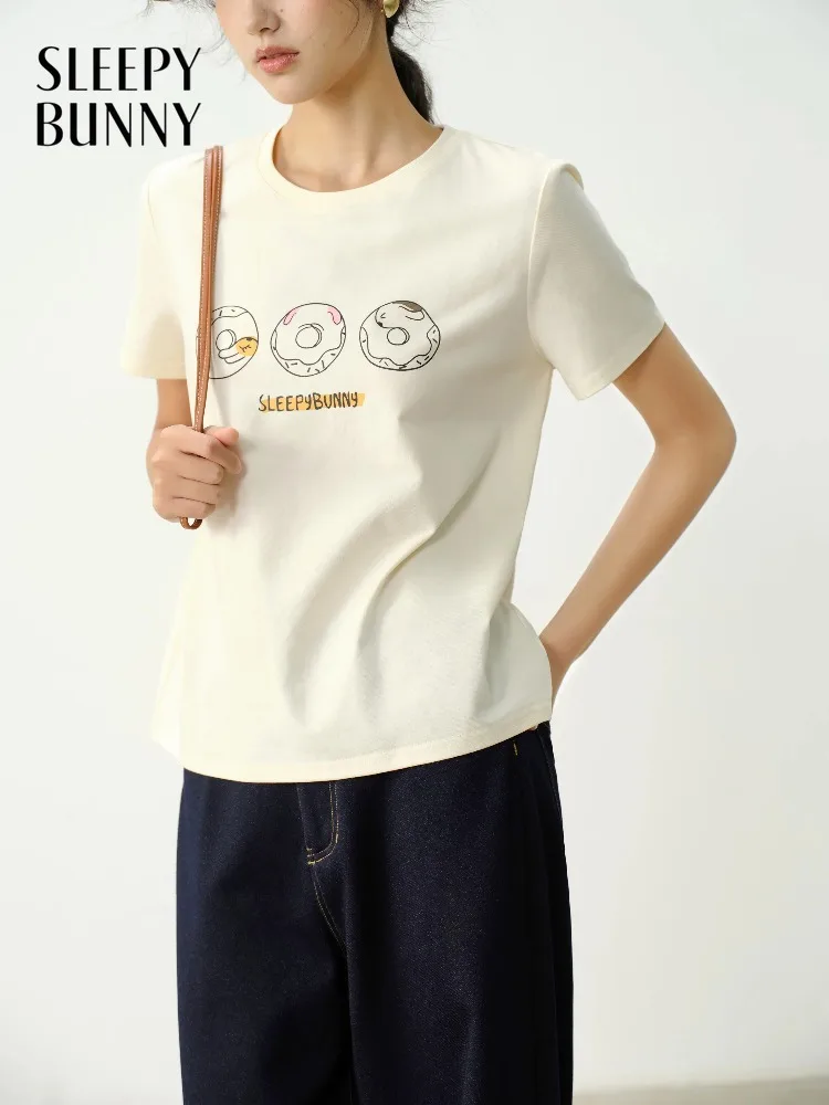 Playful Cute Casual Printed Short Sleeve T Shirt Summer Crewneck Straight Shoulder Youthful Slimming Graphic Tee Top for Women