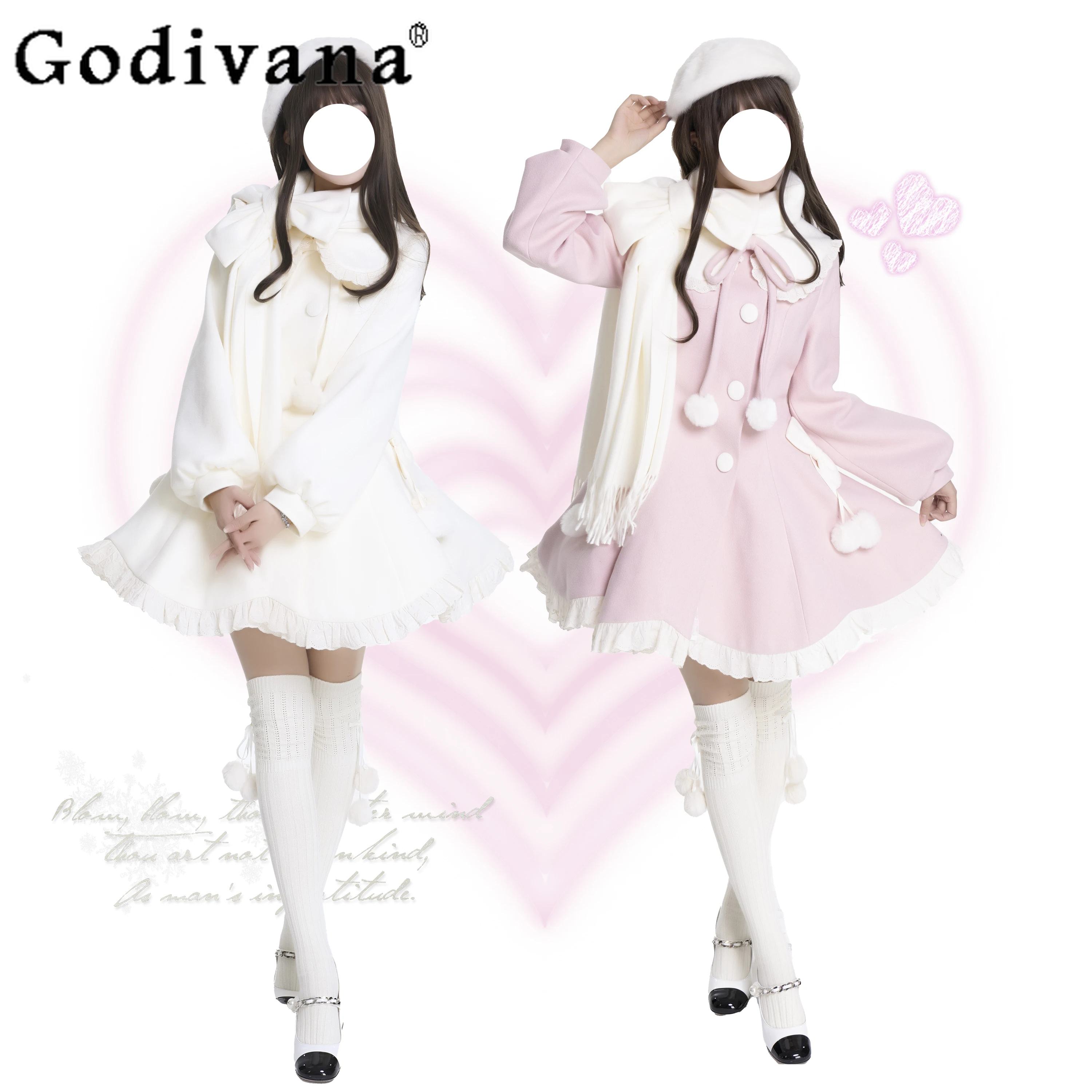 

Autumn and Winter New Pink Woolen Coat Women's Japanese Korean Sweet Girls Pink Bow Single-breasted A-Line Overcoat with Scarf