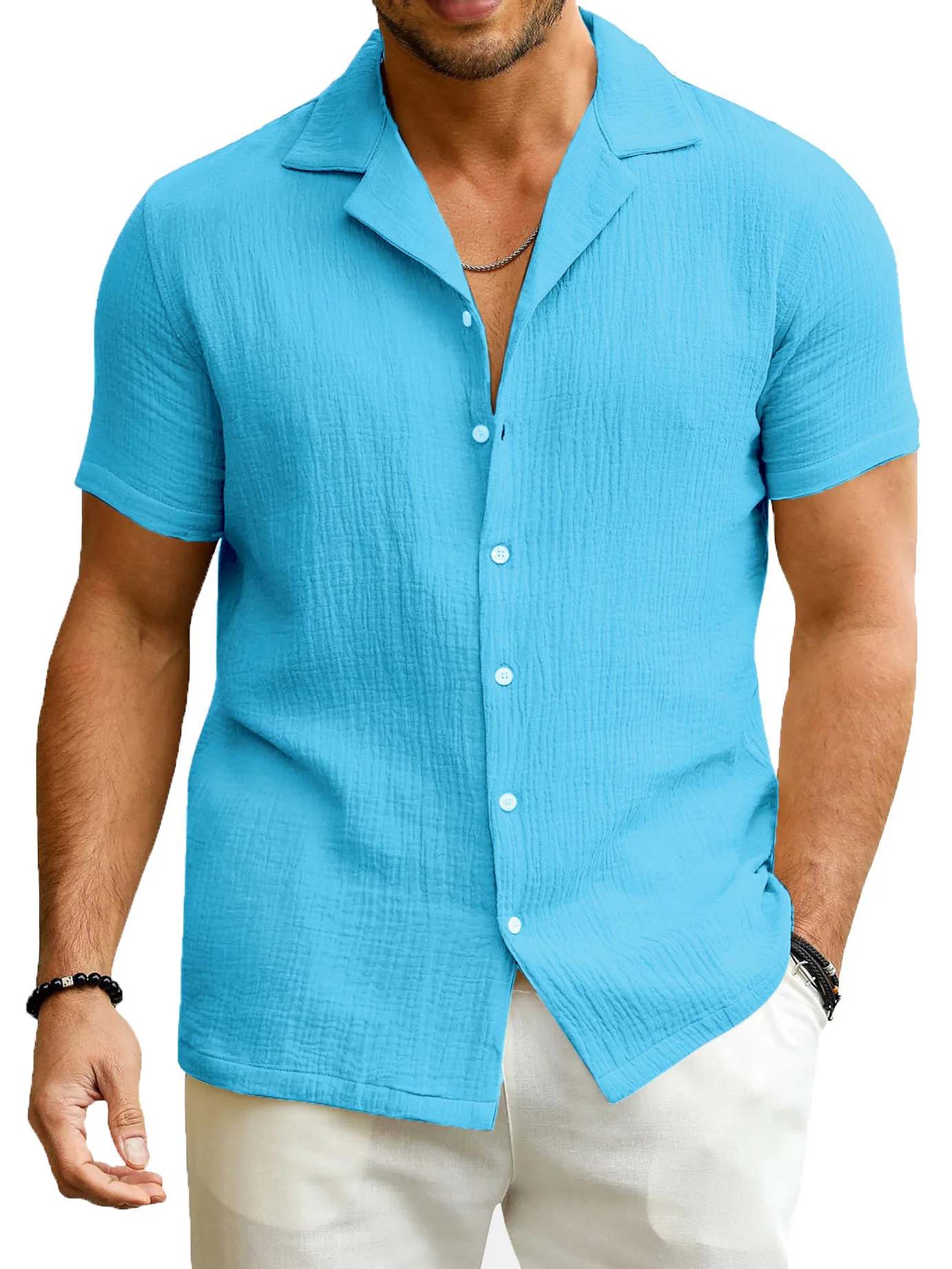 

Летняя мужская повседневная однотонная свободная рубашка с отложным воротником и короткими рукавами