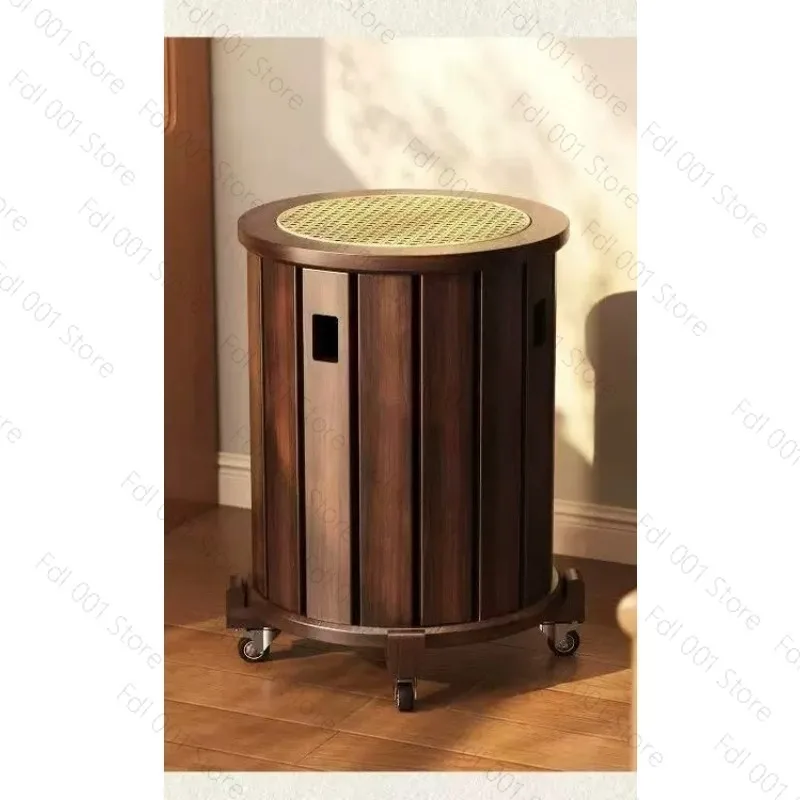 Wood Round Stool with Rattan Seat Breathable Woven Wicker Stool for Living Room/Dining Stackable Space Saving Extra Seating