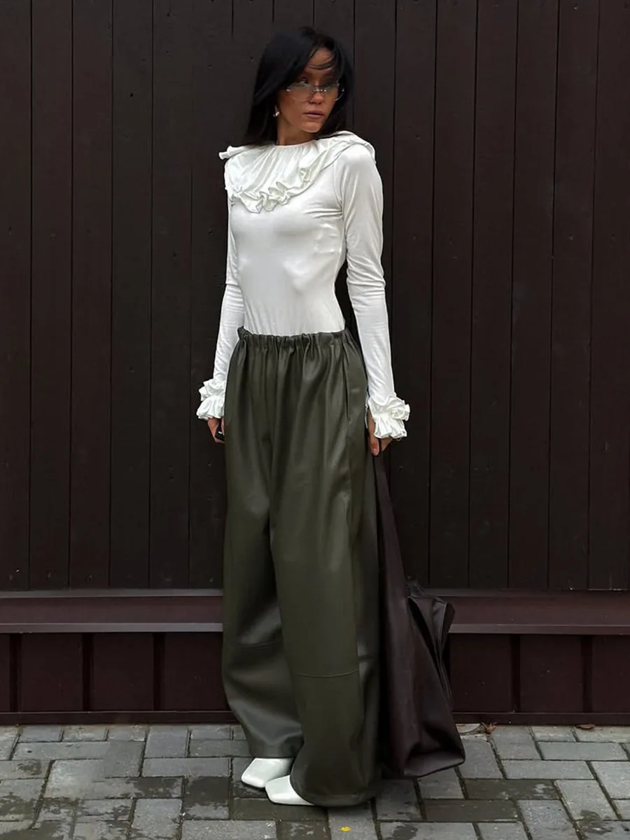 Bornladies feminino 2025 outono inverno pu lanterna calças elegante preguiçoso cordão casual exército verde perna larga calças de couro