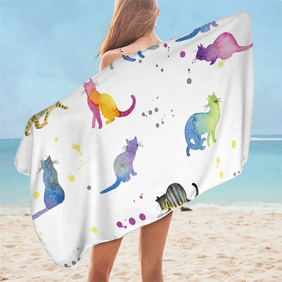 Cartoon Cat Towel Bathroom for Kids Cute Animal Beach Towel Black White Microfiber Blanket Watercolor Pet Pool Towel
