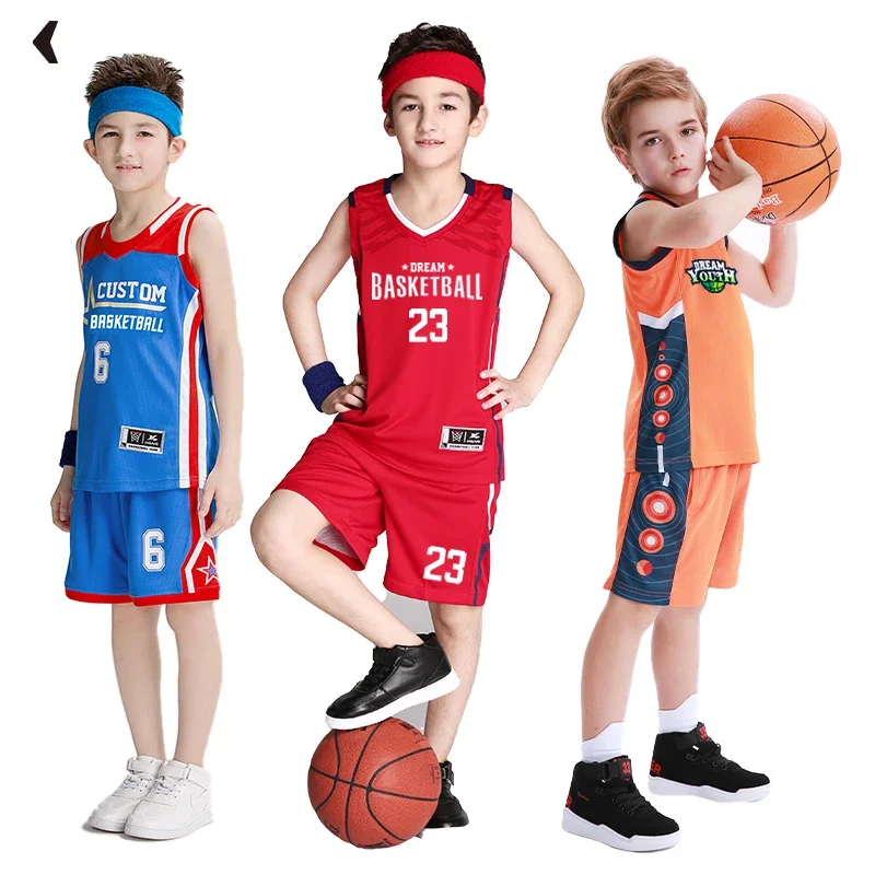 

Custom Boys Girls Basketball Uniform Sets Polyester Kids Basketball Jersey Breathable Basketball Shirt For Children