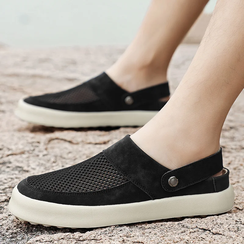 Mesh Closed Toe Sandals Slides Half Shoes For Men Mules Slip On Flats Outdoor Backless Loafers Slippers Semi-Drag Casual Shoes