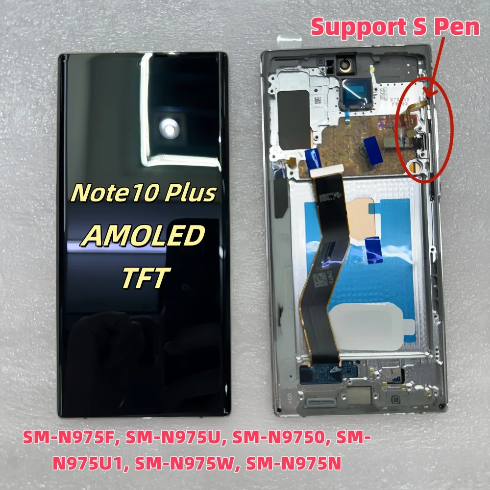 AMOLED TFT Note10+ Screen for Samsung Galaxy Note 10 Plus N975F Lcd Display Touch Screen + Frame Support S Pen Fingerprints