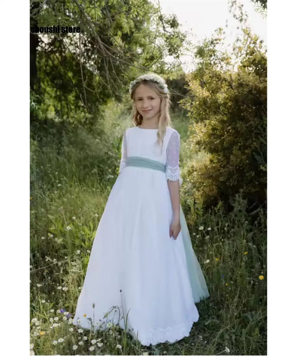 

Half Sleeve White Elegant First Communion Dress Long Lace Appliques Flower Girl Dress Child Wedding Birthday Princess Gown