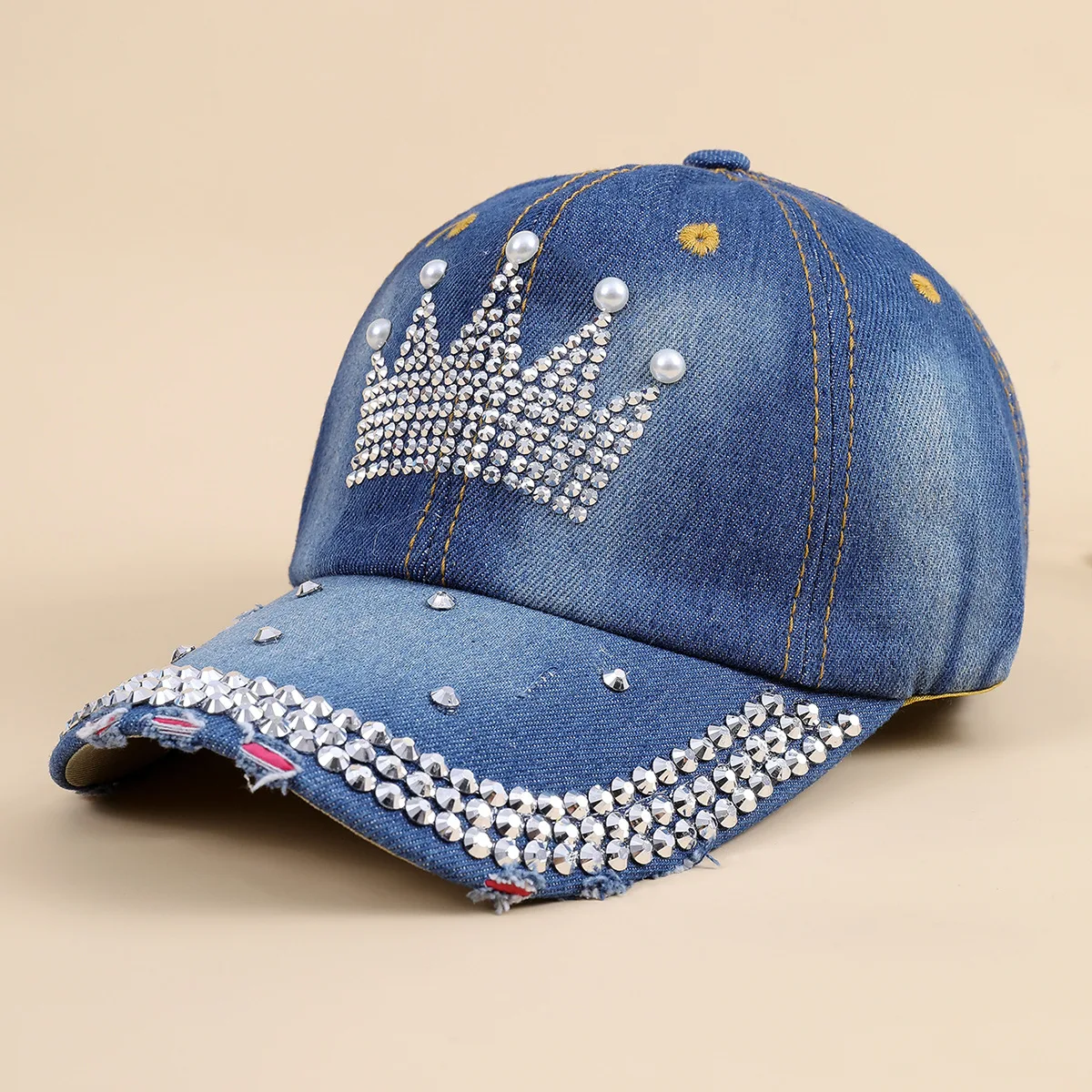 Baseball Cap Women Retro Street Crown Beads Denim Sunshade Baseball Hat Female Outdoor Casual Summer Hats For Women Sun Visor