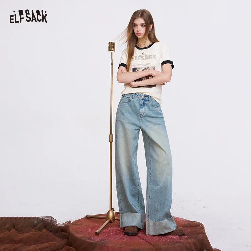 ELFSACK  Light Blue Wide Leg Jeans with Wide Cuffed Hem, Baggy Straight Denim Pants for Daily, Chic High Waist Trousers