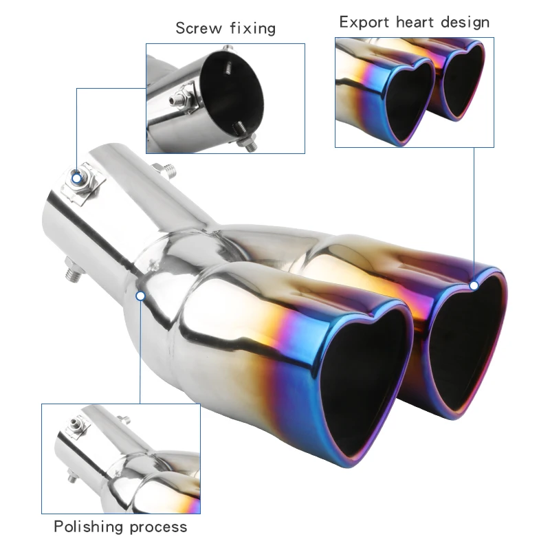 Car Accessories Universal Heart Shape Style Stainless Steel Exhaust Tips Muffler Tail Double-Pipe Tube Tips