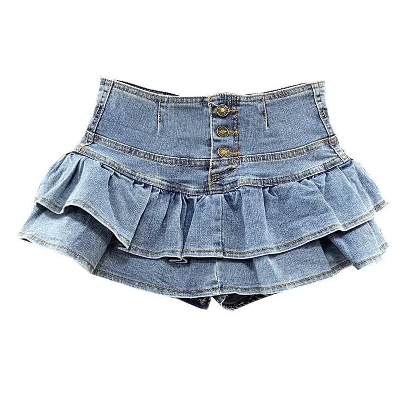 2023 Single-Breasted Harajuku Ruffles Cake Denim Skirt Girl High Waist Woman Summer Sexy Jeans Y2K Students Kawaii Pleated Skirt