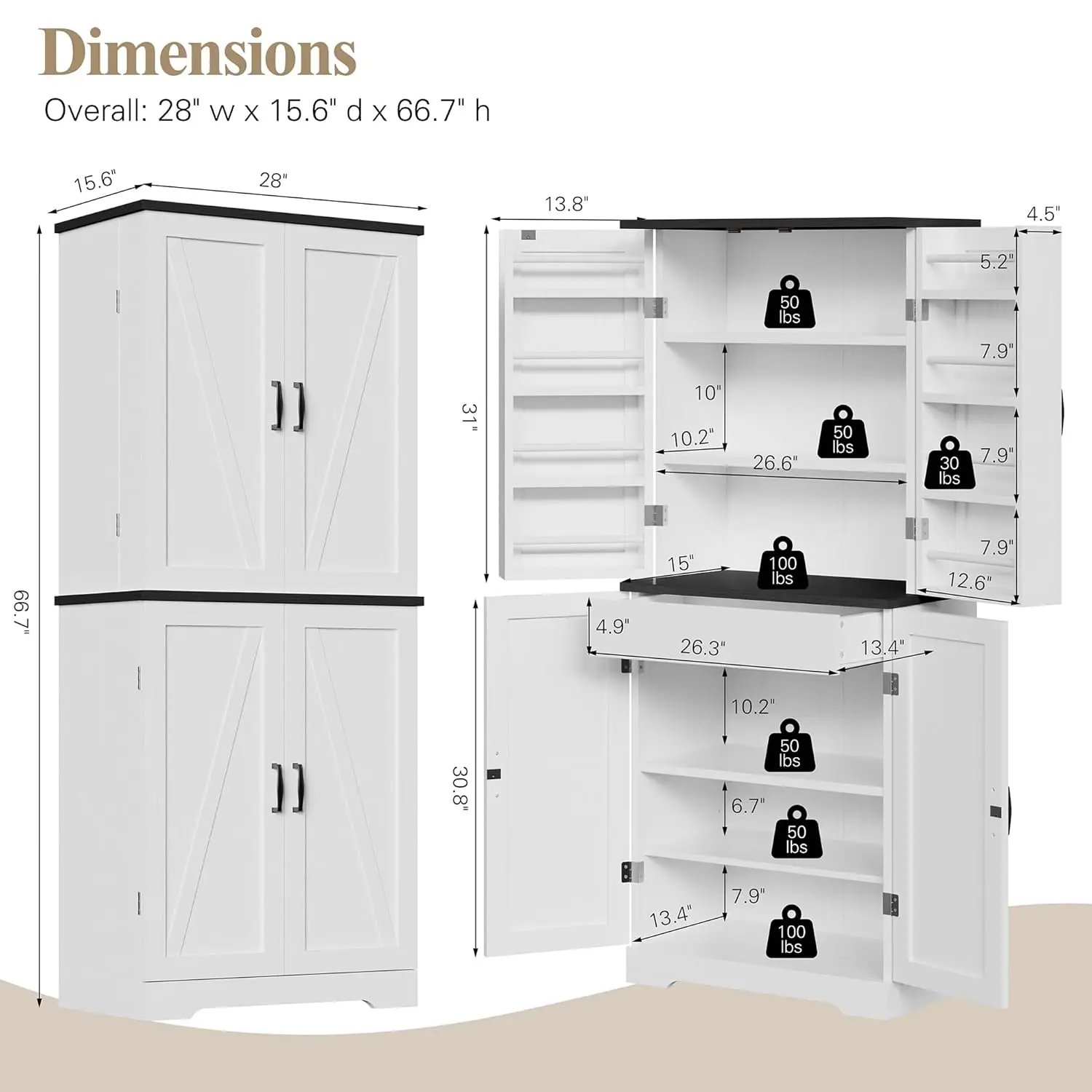 Rustic Wood Kitchen Pantry Cabinet with Barn Doors, Drawer & Adjustable Shelves, 6-Tier Cupboard for Kitchen, Customized