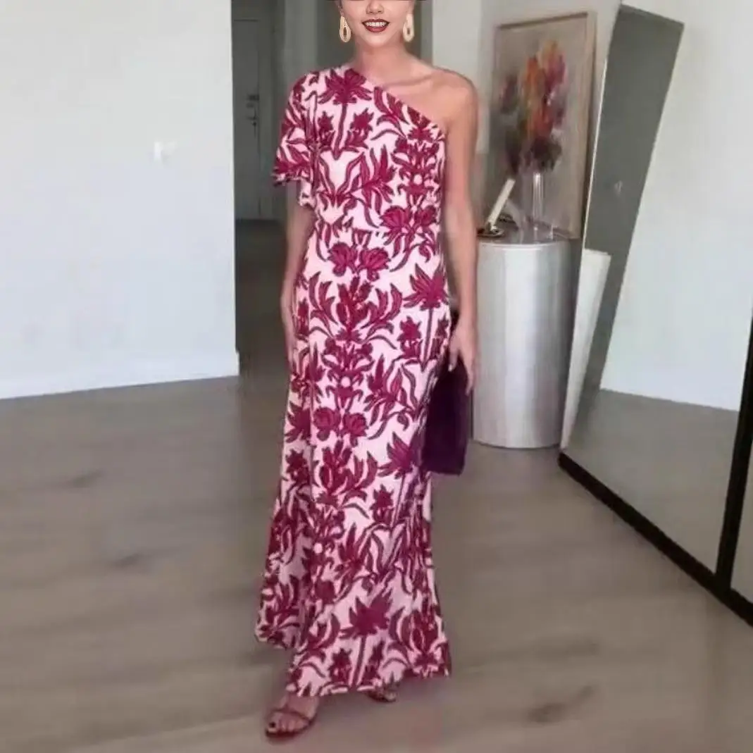 Sexy Faionable Zomer Print Lange Enkele oulder Dr vrouwen Hoge Taille Polyester ort Sve Jurk Chinese Nieuwe 2025