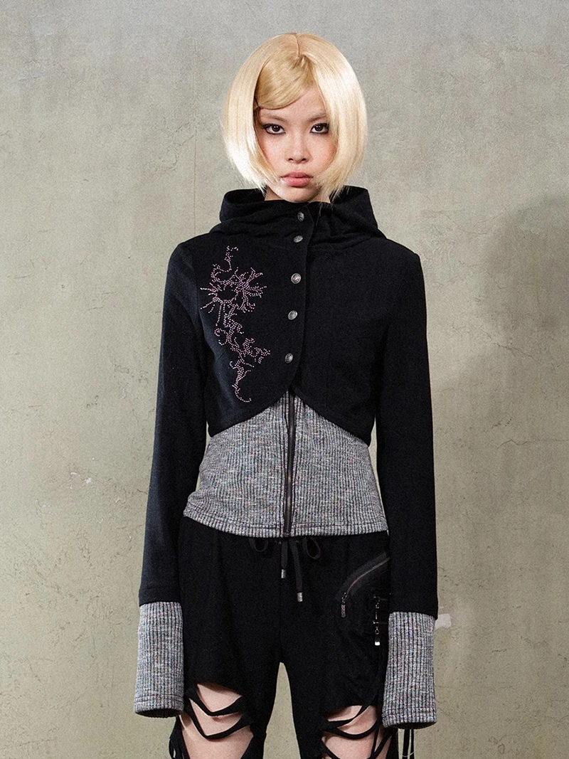 REDDACHiC 美的女性ジップアップスウェットシャツジャケット光沢のあるヒョウステッチニット長袖カーディガンフード付きトップグランジ Y2k 服