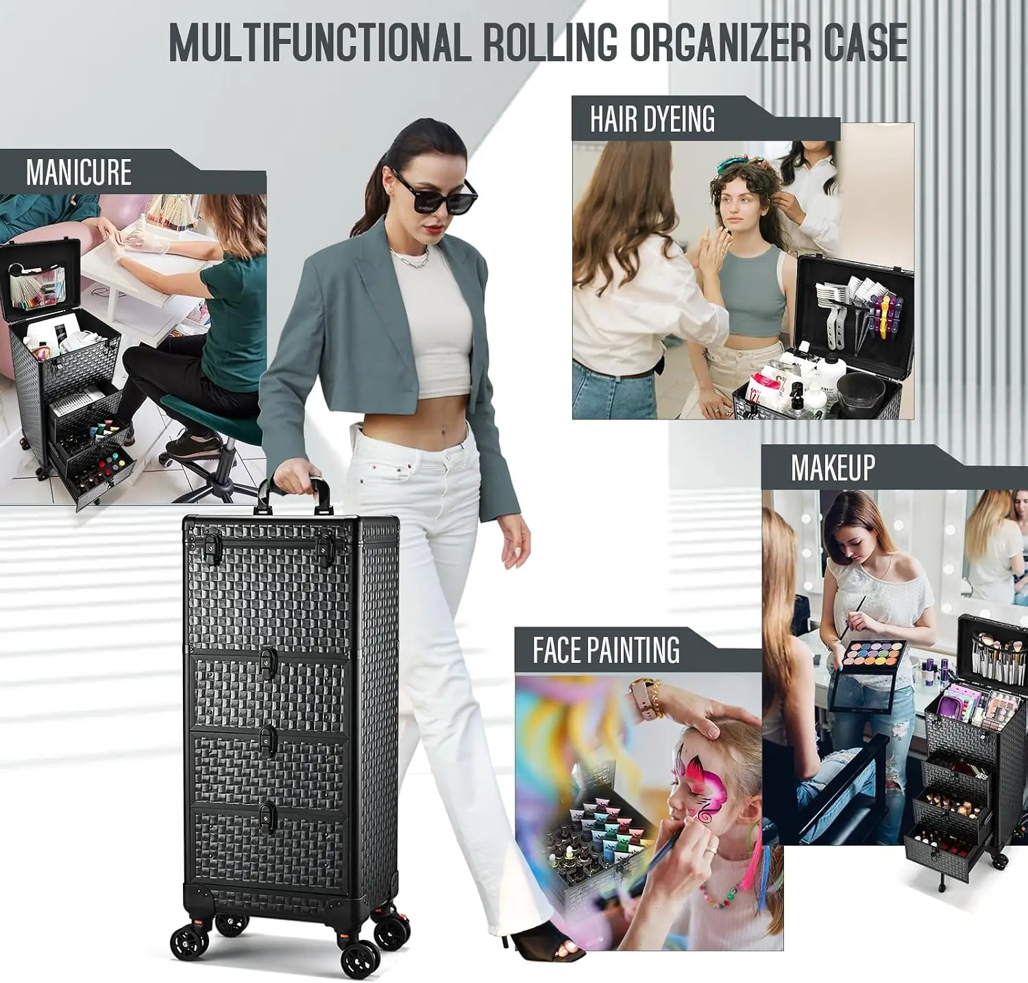 Rolling Salon Cart with 3 Drawers, Wheeled Nail Trolley & Makeup Train Case Organizer for Nail Technicians, SPA, Face Painting, Hairstylists and Makeup Artists view 6