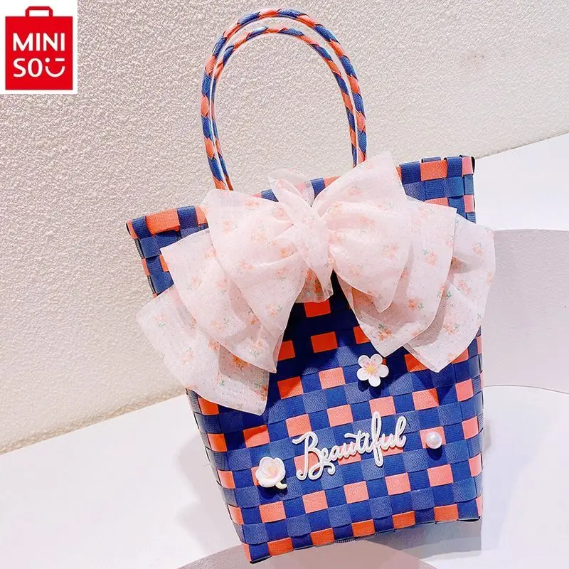 

MINISO Disney Princess Sweet Woven Bag Women's Large Capacity Chiffon Bow Fresh and Versatile Storage Handheld Beach Bag