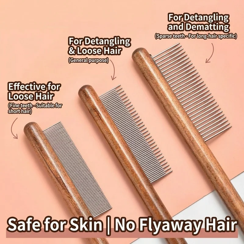 Wooden handle pet metal comb, suitable for grooming cats and dogs. It can remove loose hair, tangles and hairballs.