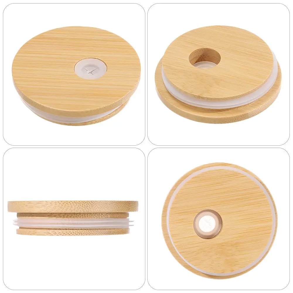 Reusable Storage Bottles Silicone Seal Ring Mason Jar Lid Wide Mouth Cup Bamboo Wood Lids With Straw Hole