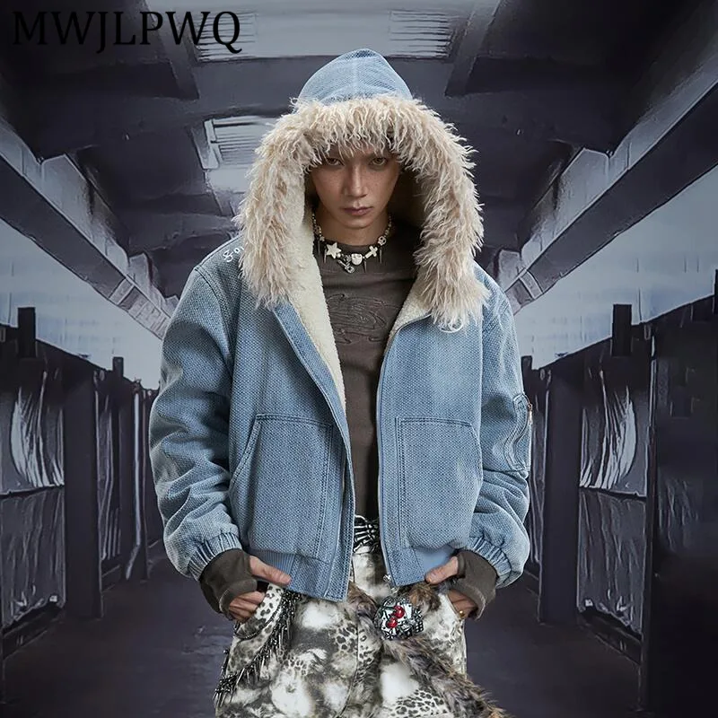 

MWJLPWQ Men's Detachable Large Furry Hooded Fleece Cotton Jacket High Street Zipper Design Thickened Loose Short Coat 12999