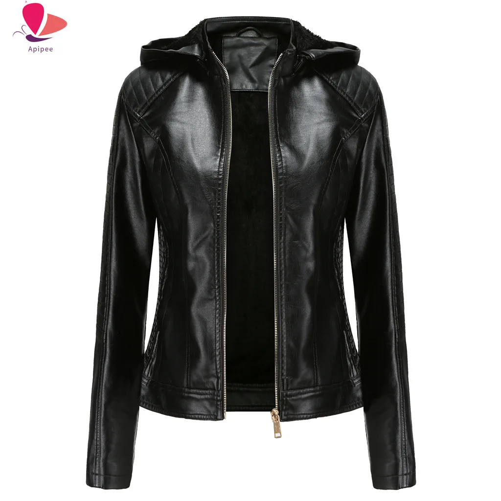 

2024 New Winter Warm Women Short Coat Leather Biker Jacket Parka Zipper Tops Overcoat Outwear Hooded