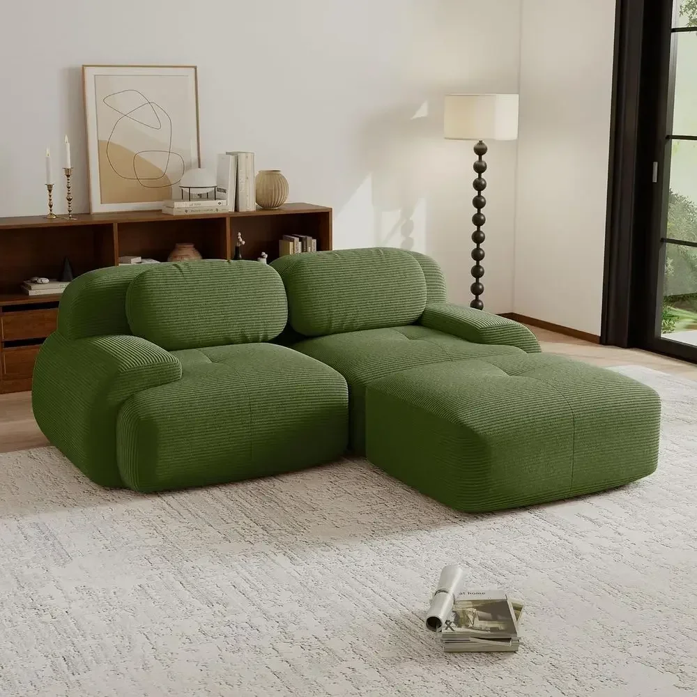 Green Corduroy 81 Deep Seat Sectional Sofa with Ottoman and Lumbar Support for Living Room and Home Theater | Perfect for Movie