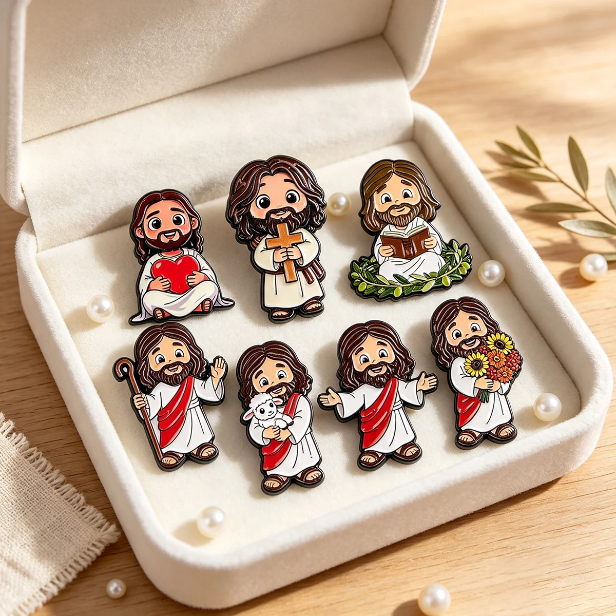 7-teiliges Set Kawaii Cartoon Jesus Glaube Kreuz Metall-Emaille-Pins Abzeichen für Rucksack Kleidung Accessoires Schmuck Geschenk für Freunde – Detail 4