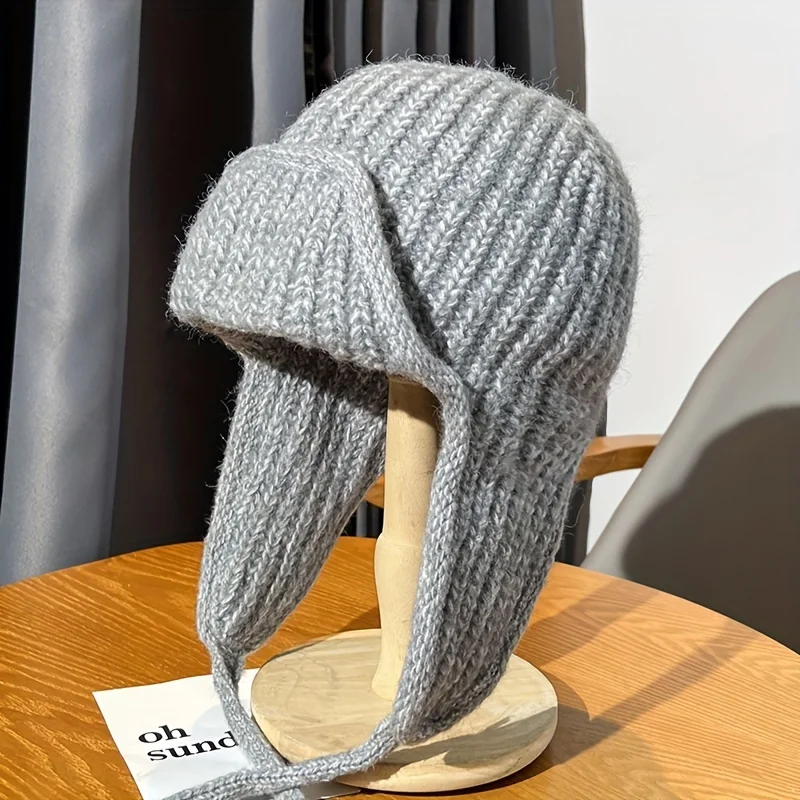 Solid color warm ear protection knitted hat for children in autumn and winter with tied wool hat, fashionable thickened hat