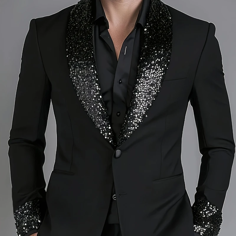 Luxury Men's Suit Elegant Shawl Collar Sequined Patchwork Double-breasted Suit Jacketfor Men