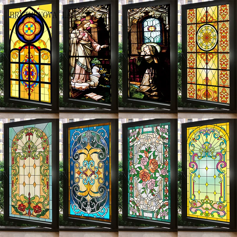 European Retro Church Painted Electrostatic Frosted Stained Glass Film Window PVC Static Adhesive Church Home Foil Stickers