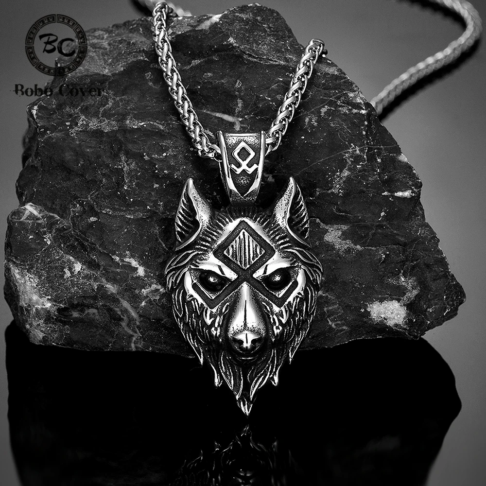 Punk Viking Wolf Necklace Men Norse Mythology Odin's Runes Geri&Freki Valknut Amulet Stainless Steel Pendant Retro Jewelry Gifts