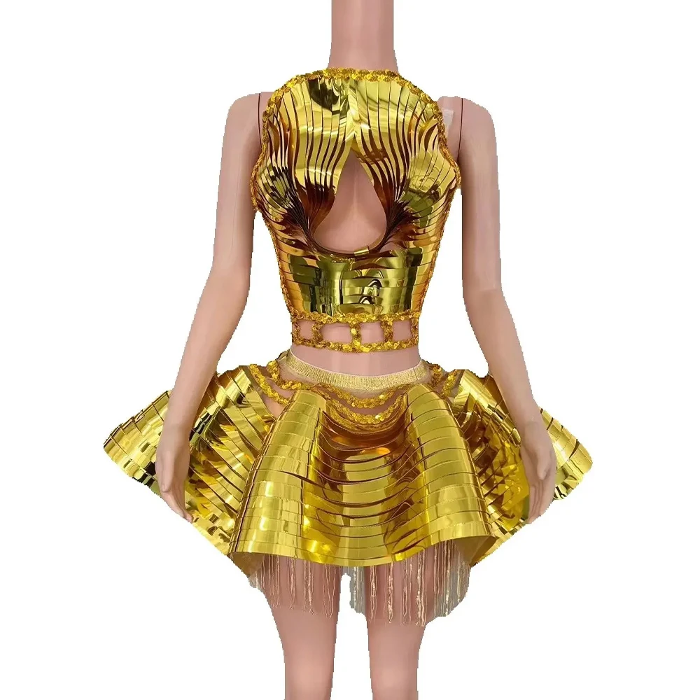 

Women Sexy Gold Shinning Strapless Ball Gown Mini 2 Pieces Dress Birthday Party Celebrate Performance Costume Stage Wear